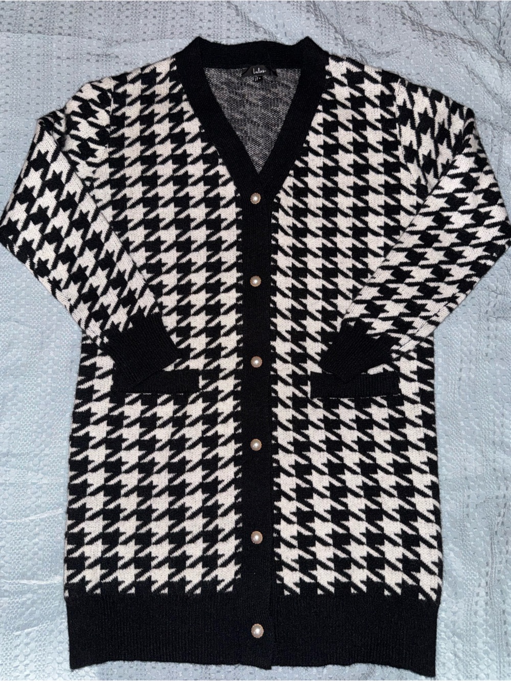 Lulu's Black and White Houndstooth Cardigan with Pearl Accent Button